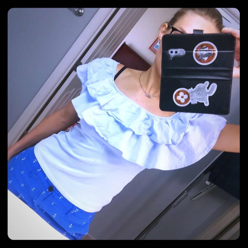 Baby blue ruffle top, t-shirt, S